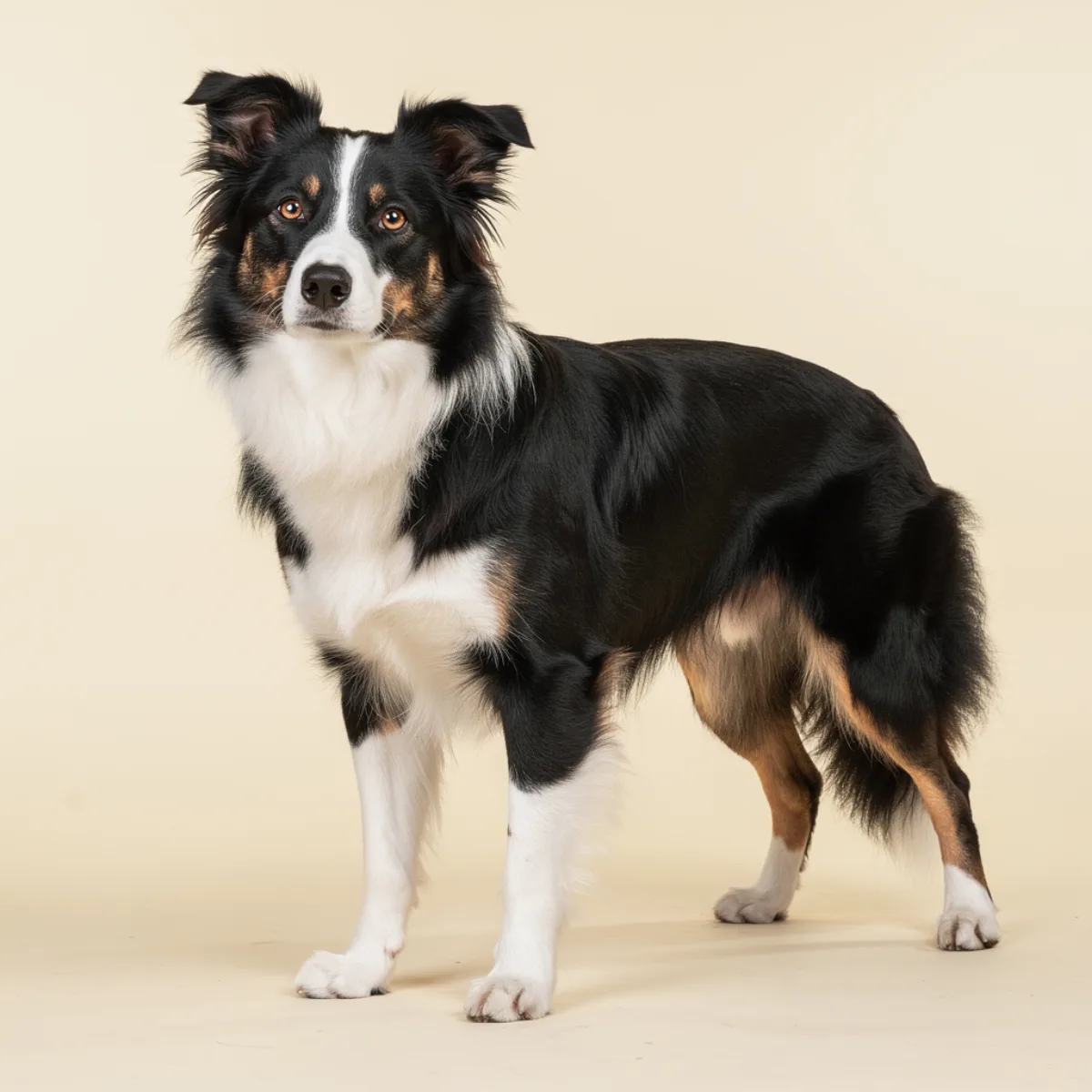 A tricolour Border Collie standing in show pose, as drawn for Rosette